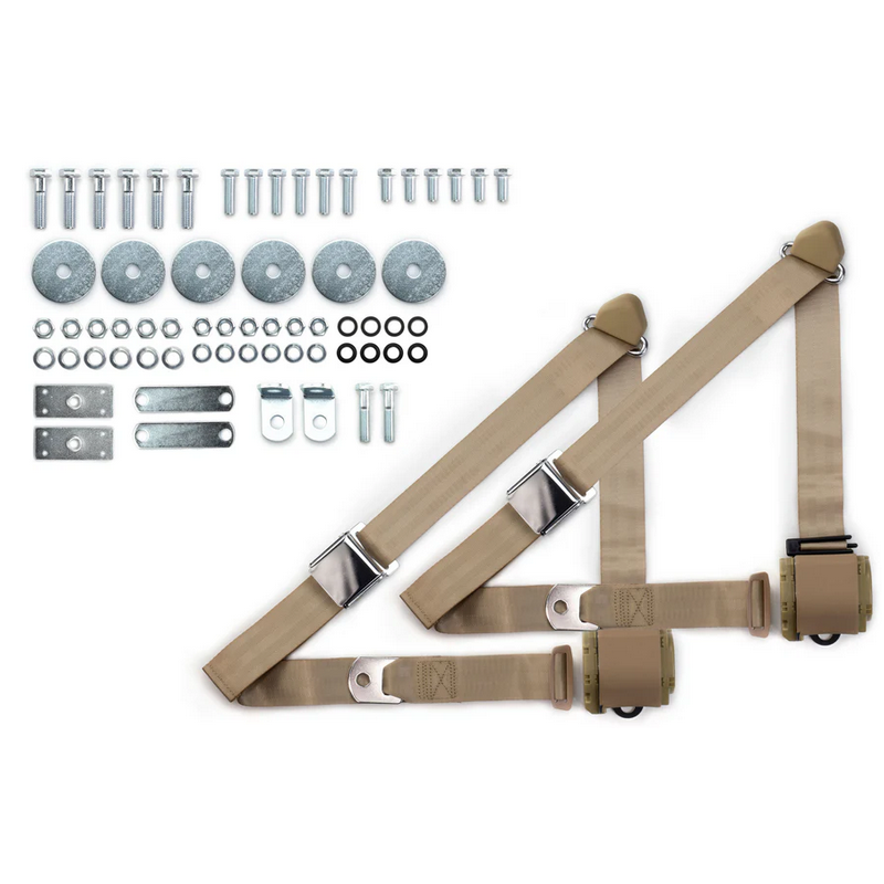 1955-57 chevy 3pt 359-sand belts w/aviation buckle & hardware kit (pair) RETROBELT RB-557HKT-SND