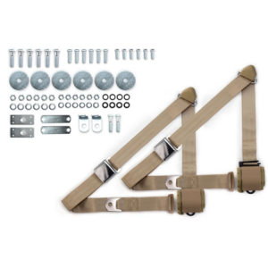 1955-57 chevy 3pt 359-tan belts w/aviation buckle & hardware kit (pair) RETROBELT RB-557HKT-TAN
