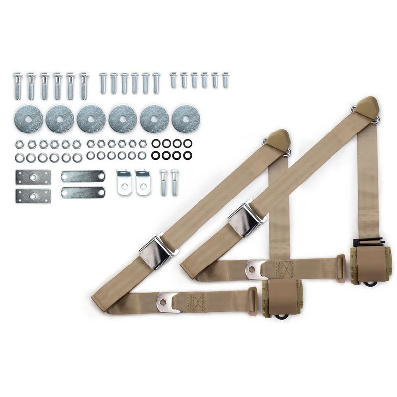 1955-57 chevy 3pt 359-tan belts w/aviation buckle & hardware kit (pair) RETROBELT RB-557HKT-TAN