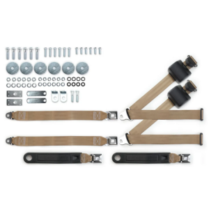 1955-57 chevy 3pt 369-tan-20 belts w/pushbutton & hardware kit for bench seat (pair) RETROBELT RB-557HKT-TAN-BE
