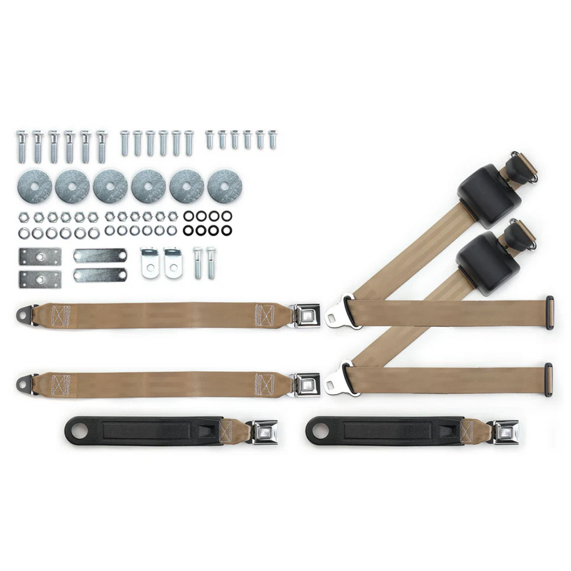 1955-57 chevy 3pt 369-tan-20 belts w/pushbutton & hardware kit for bench seat (pair) RETROBELT RB-557HKT-TAN-BE