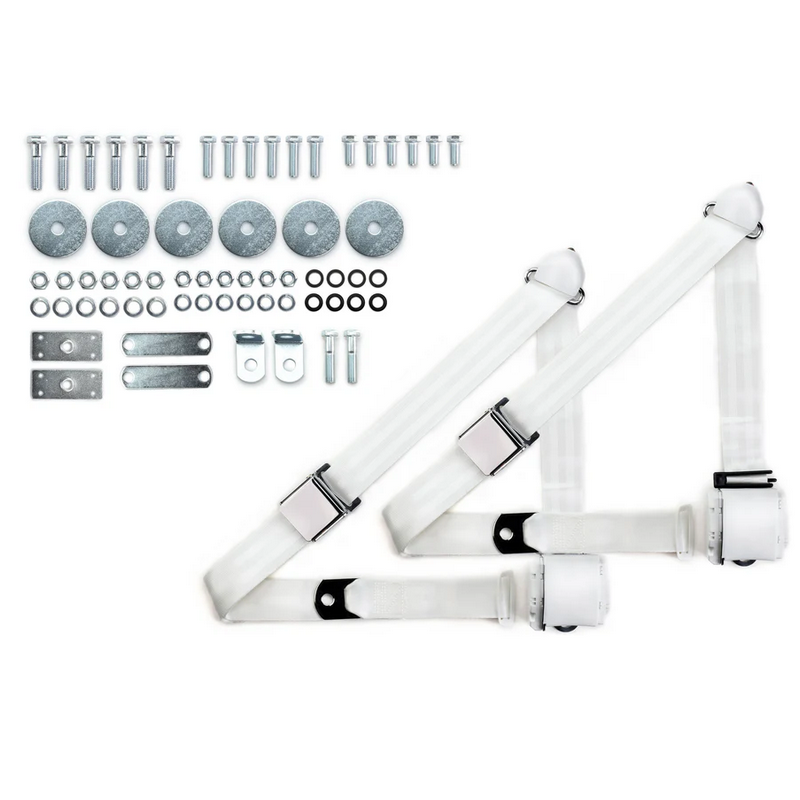 1955-57 chevy 3pt 359-wht belts w/aviation buckle & hardware kit (pair) RETROBELT RB-557HKT-WHT