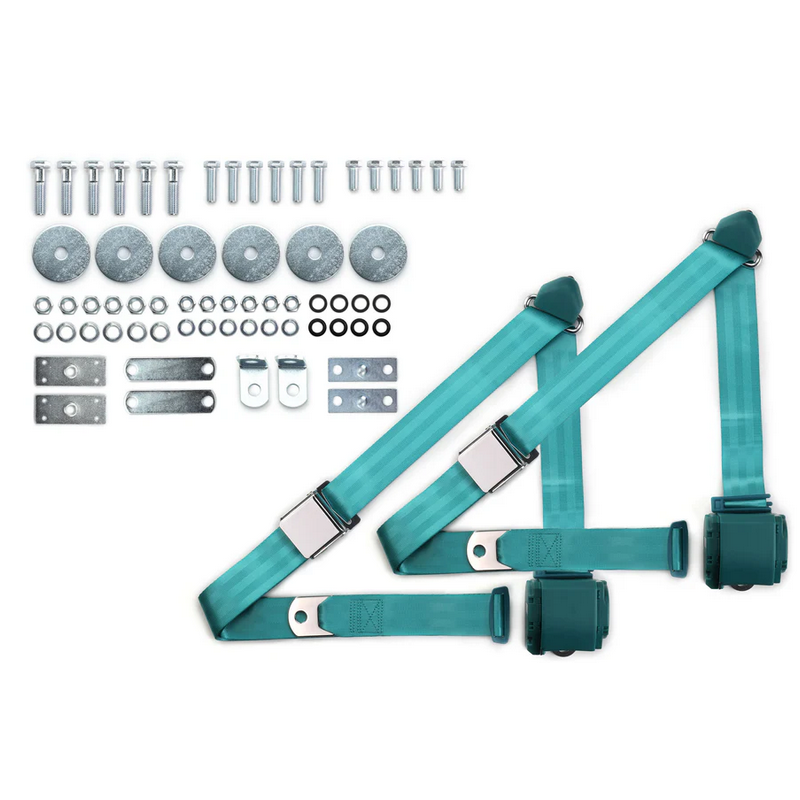 1964-75 gm 3pt 359-trq belts w/aviation buckle & hardware kit (pair) RETROBELT RB-6475GMKT-AQA