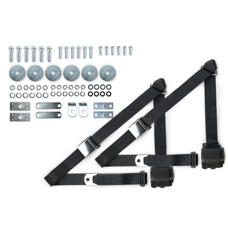 1964-75 gm 3pt 359-blk belts w/aviation buckle & hardware kit (pair) RETROBELT RB-6475GMKT-BLK