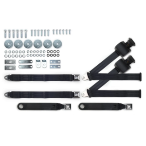 1964-75 gm 3pt 369-blk-20 belts w/pushbutton buckle & hardware kit for bench seats (pair) RETROBELT RB-6475GMKT-BLK-BE