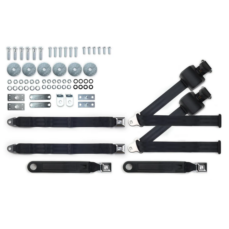 1964-75 gm 3pt 369-blk-20 belts w/pushbutton buckle & hardware kit for bench seats (pair) RETROBELT RB-6475GMKT-BLK-BE