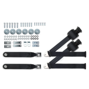 1964-75 gm 3pt 369-blk-12 belts w/pushbutton buckle & hardware kit for bucket seats (pair) RETROBELT RB-6475GMKT-BLK-BU