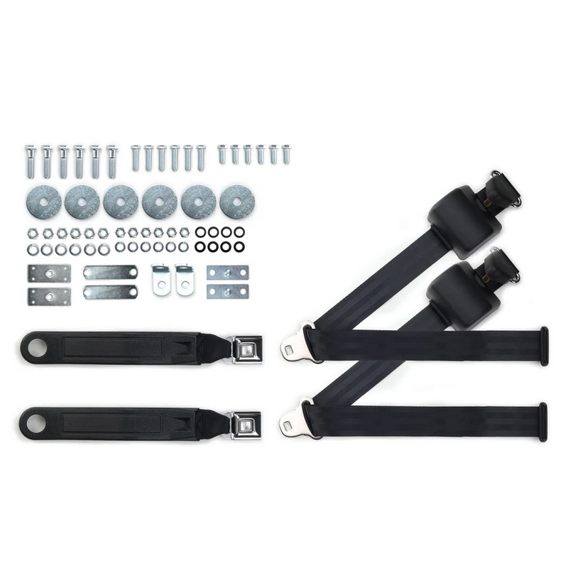 1964-75 gm 3pt 369-blk-12 belts w/pushbutton buckle & hardware kit for bucket seats (pair) RETROBELT RB-6475GMKT-BLK-BU