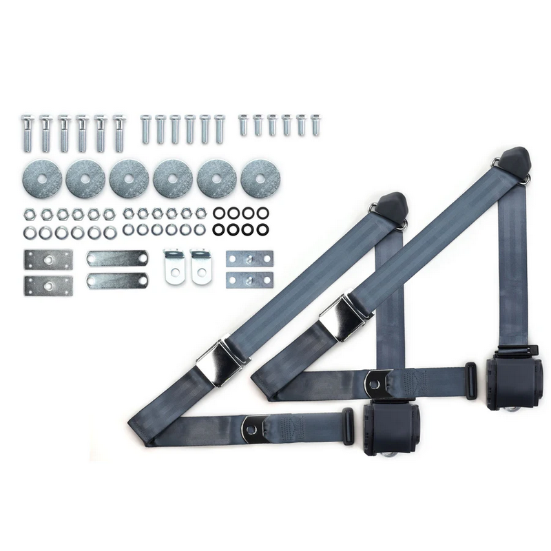 1964-75 gm 3pt 359-blu belts w/aviation buckle & hardware kit (pair) RETROBELT RB-6475GMKT-BLU