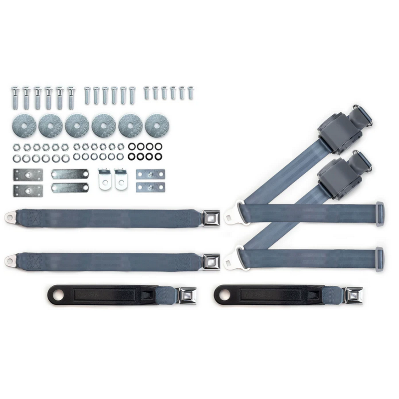 1964-75 gm 3pt 369-blu-20 belts w/pushbutton buckle & hardware kit for bench seats (pair) RETROBELT RB-6475GMKT-BLU-BE