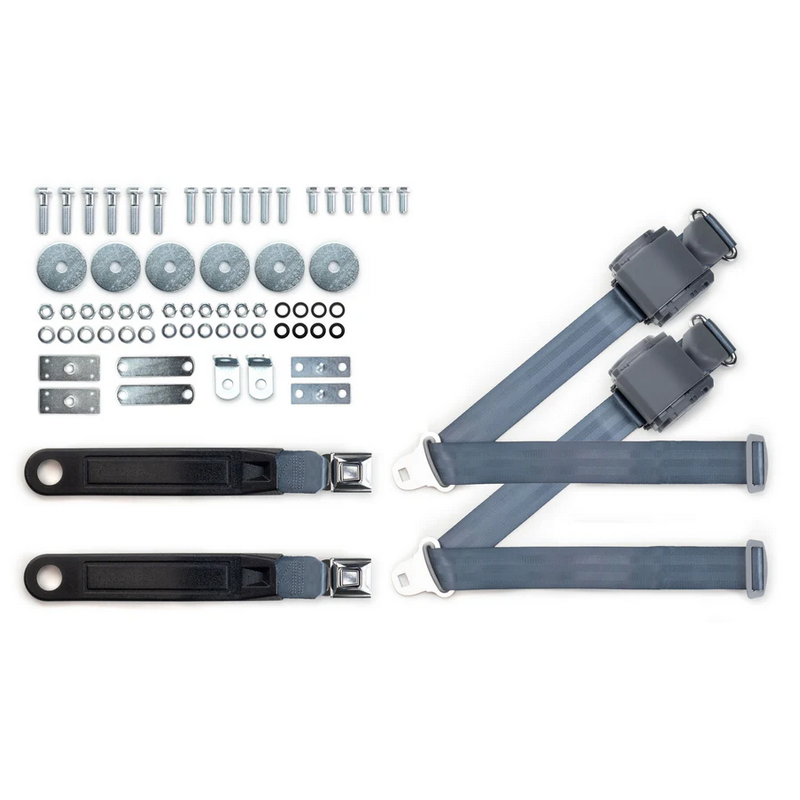 1964-75 gm 3pt 369-blu-12 belts w/pushbutton buckle & hardware kit for bucket seats (pair) RETROBELT RB-6475GMKT-BLU-BU