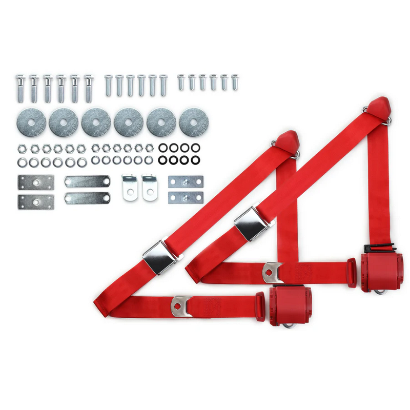 1964-75 gm 3pt 359-brd belts w/aviation buckle & hardware kit (pair) RETROBELT RB-6475GMKT-BRD