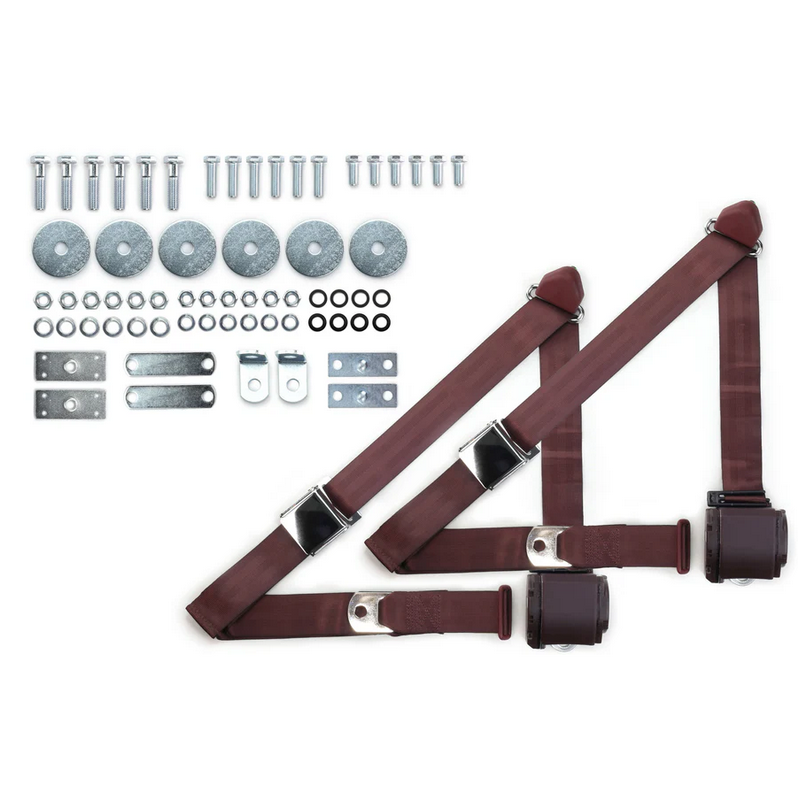 1964-75 gm 3pt 359-brg belts w/aviation buckle & hardware kit (pair) RETROBELT RB-6475GMKT-BRG