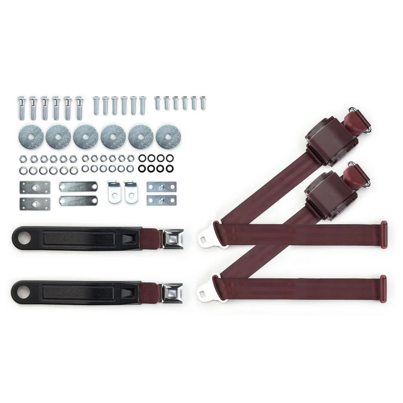 1964-75 gm 3pt 369-brg-12 belts w/pushbutton buckle & hardware kit for bucket seats (pair) RETROBELT RB-6475GMKT-BRG-BU