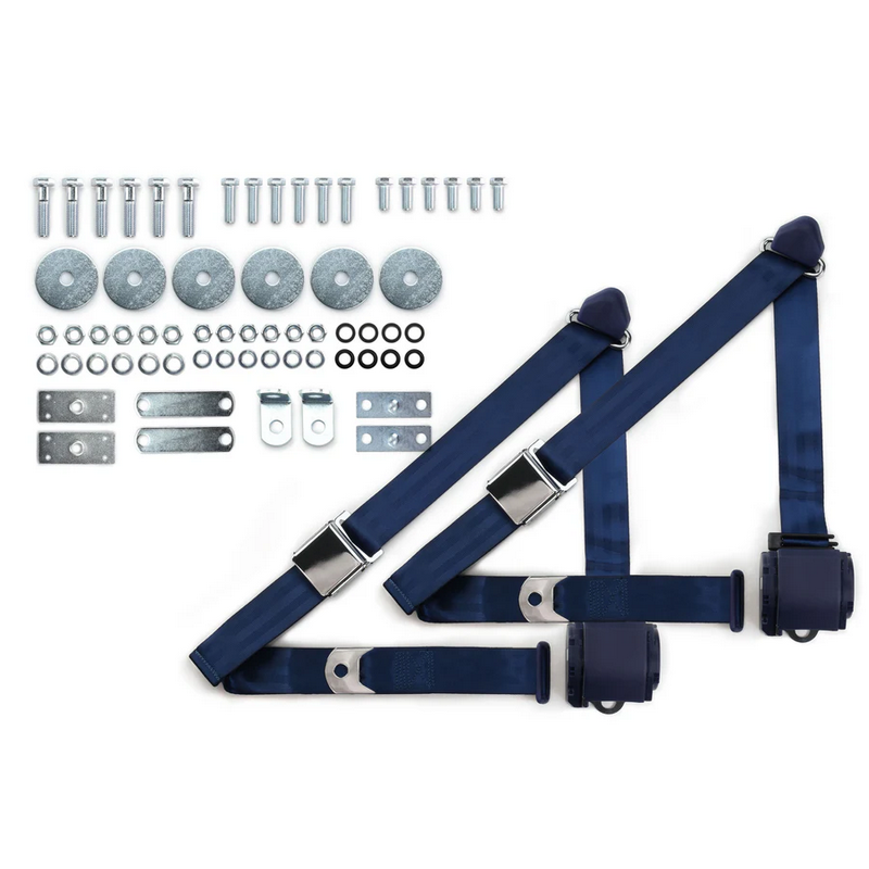 1964-75 gm 3pt 359-dkb belts w/aviation buckle & hardware kit (pair) RETROBELT RB-6475GMKT-DKB