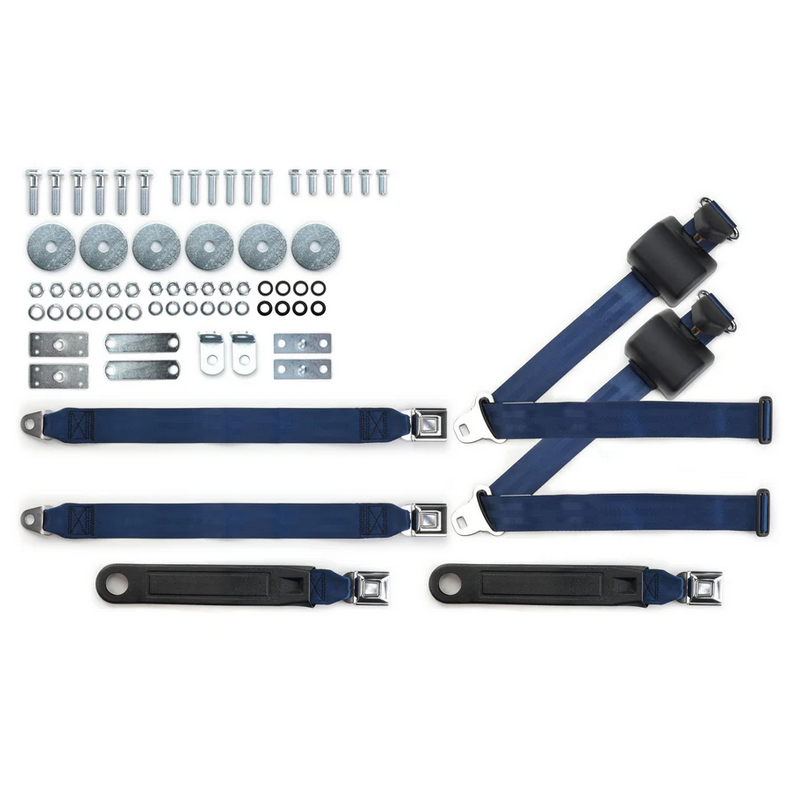1964-75 gm 3pt 369-dkb-20 belts w/pushbutton buckle & hardware kit for bench seats (pair) RETROBELT RB-6475GMKT-DKB-BE
