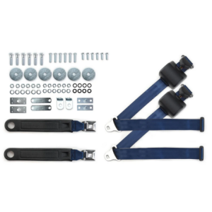 1964-75 gm 3pt 369-dkb-12 belts w/pushbutton buckle & hardware kit for bucket seats (pair) RETROBELT RB-6475GMKT-DKB-BU