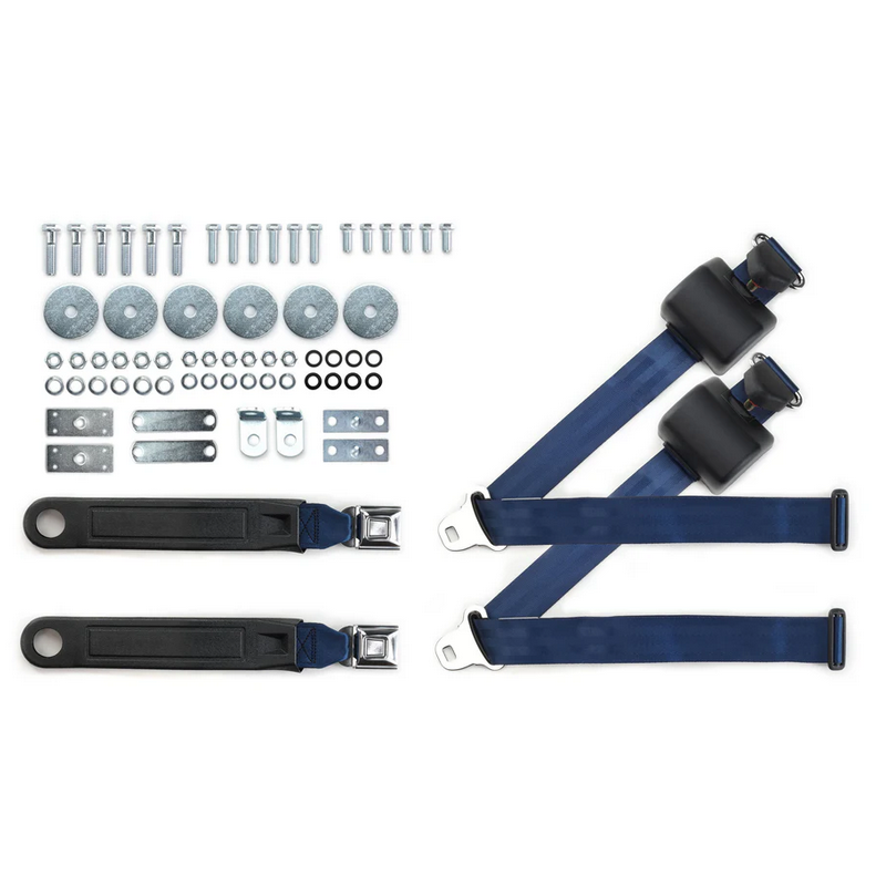 1964-75 gm 3pt 369-dkb-12 belts w/pushbutton buckle & hardware kit for bucket seats (pair) RETROBELT RB-6475GMKT-DKB-BU