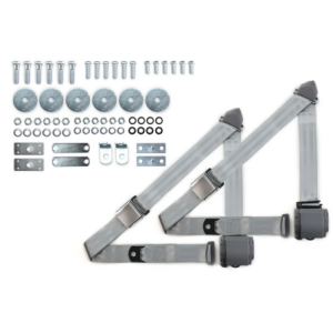 1964-75 gm 3pt 359-gry belts w/aviation buckle & hardware kit (pair) RETROBELT RB-6475GMKT-GRY