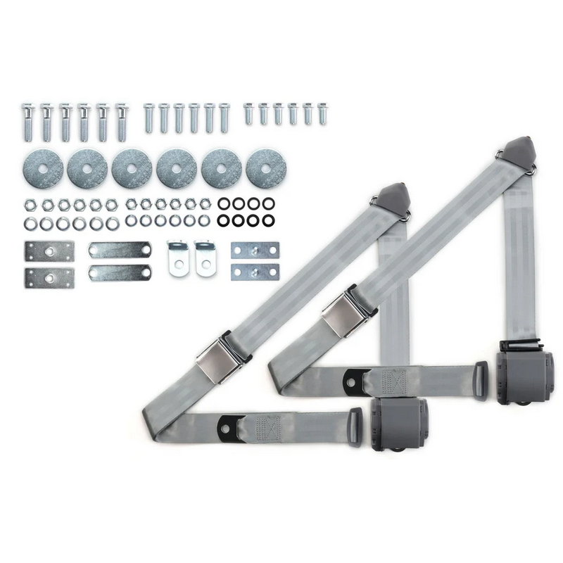 1964-75 gm 3pt 359-gry belts w/aviation buckle & hardware kit (pair) RETROBELT RB-6475GMKT-GRY