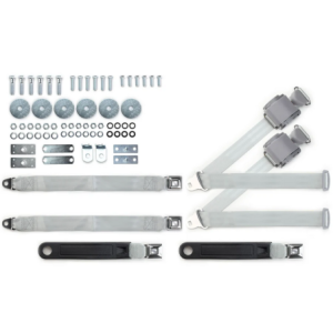 1964-75 gm 3pt 369-gry-20 belts w/pushbutton buckle & hardware kit for bench seats (pair) RETROBELT RB-6475GMKT-GRY-BE