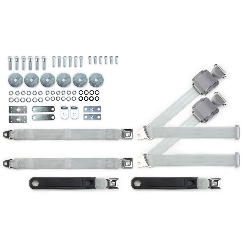 1964-75 gm 3pt 369-gry-20 belts w/pushbutton buckle & hardware kit for bench seats (pair) RETROBELT RB-6475GMKT-GRY-BE