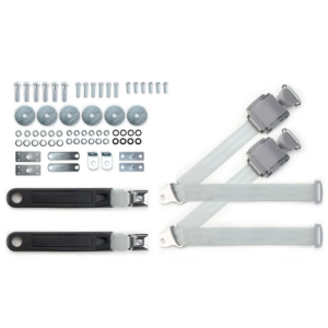 1964-75 gm 3pt 369-gry-12 belts w/pushbutton buckle & hardware kit for bucket seats (pair) RETROBELT RB-6475GMKT-GRY-BU