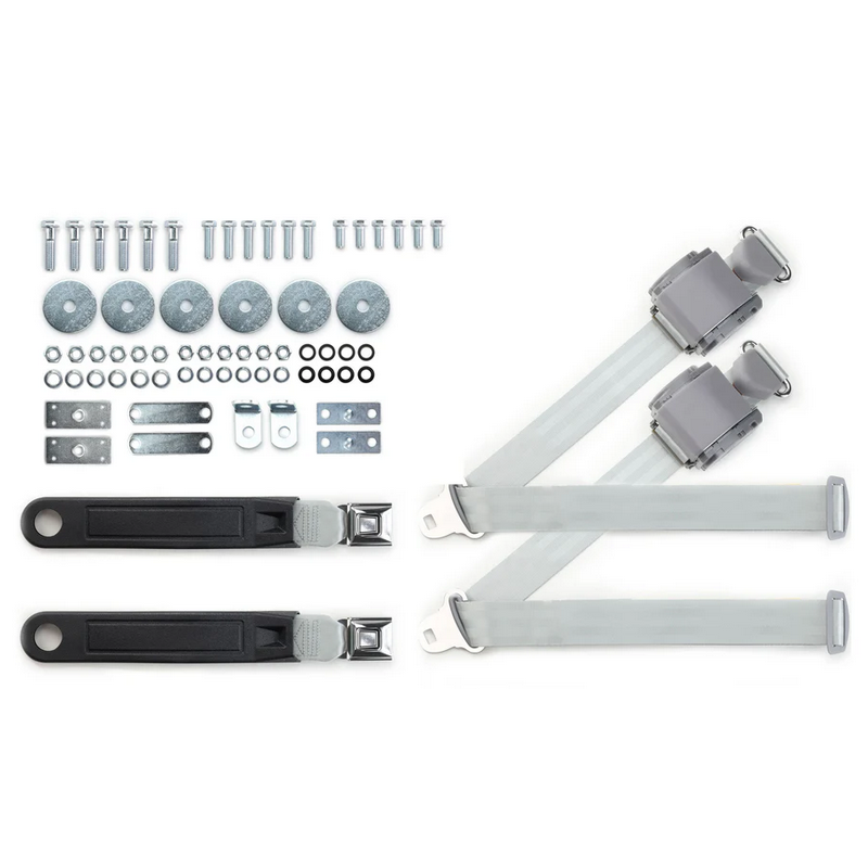 1964-75 gm 3pt 369-gry-12 belts w/pushbutton buckle & hardware kit for bucket seats (pair) RETROBELT RB-6475GMKT-GRY-BU