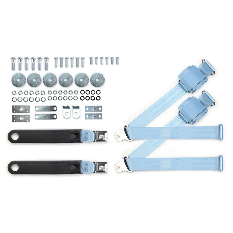 1964-75 gm 3pt 369-pdb-12 belts w/pushbutton buckle & hardware kit for bucket seats (pair) RETROBELT RB-6475GMKT-PDB-BU