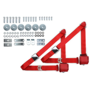 1964-75 gm 3pt 359-brd belts w/aviation buckle & hardware kit (pair) RETROBELT RB-6475GMKT-RED