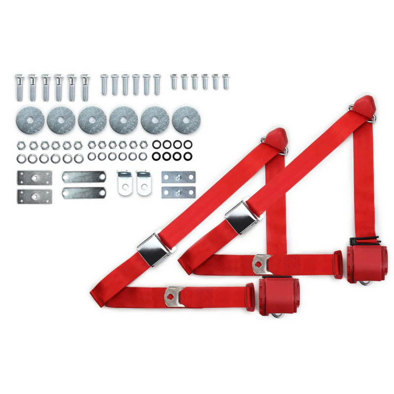 1964-75 gm 3pt 359-brd belts w/aviation buckle & hardware kit (pair) RETROBELT RB-6475GMKT-RED