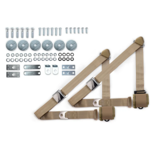 1964-75 gm 3pt 359-sand belts w/aviation buckle & hardware kit (pair) RETROBELT RB-6475GMKT-SND
