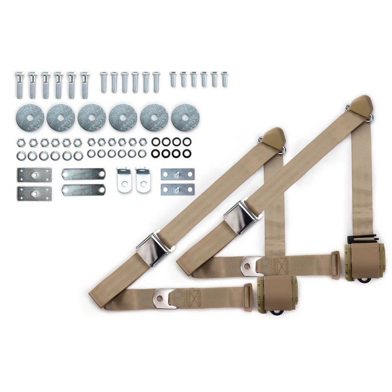 1964-75 gm 3pt 359-sand belts w/aviation buckle & hardware kit (pair) RETROBELT RB-6475GMKT-SND