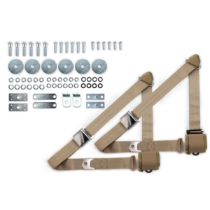 1964-75 gm 3pt 359-tan belts w/aviation buckle & hardware kit (pair) RETROBELT RB-6475GMKT-TAN