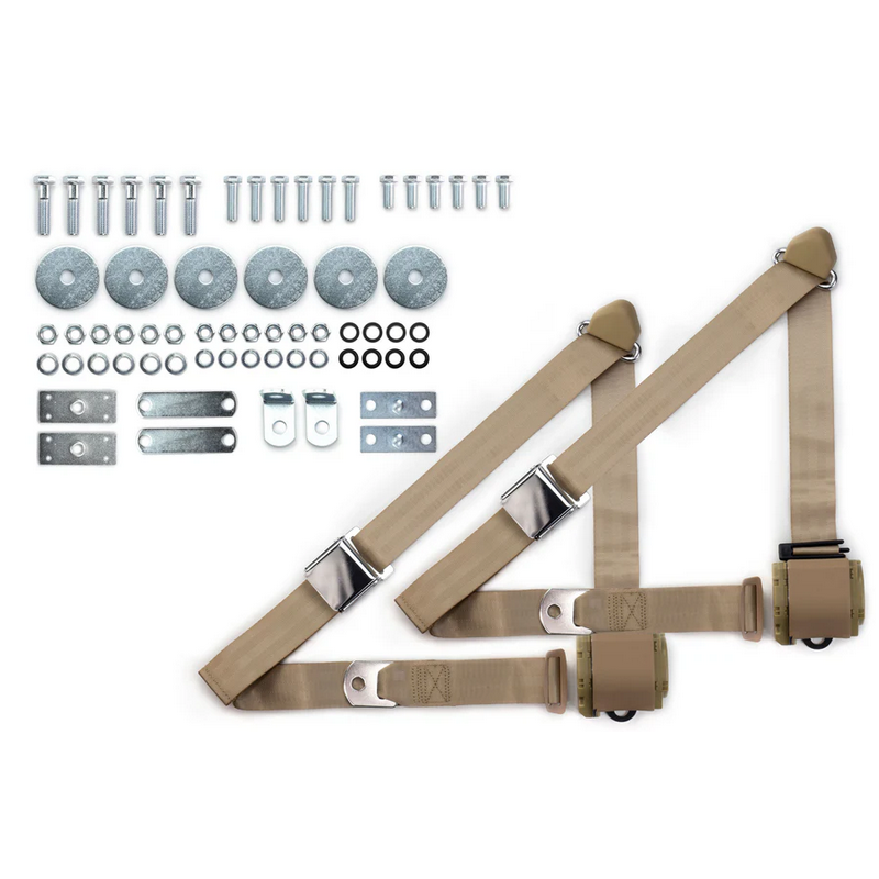 1964-75 gm 3pt 359-tan belts w/aviation buckle & hardware kit (pair) RETROBELT RB-6475GMKT-TAN