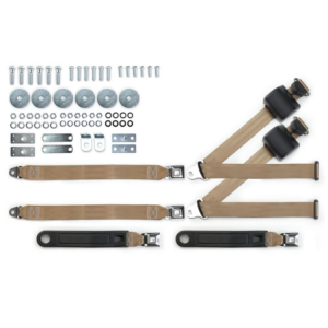 1964-75 gm 3pt 369-tan-20 belts w/pushbutton buckle & hardware kit for bench seats (pair) RETROBELT RB-6475GMKT-TAN-BE