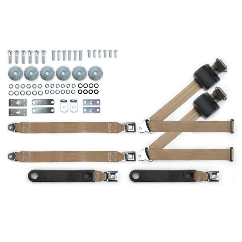1964-75 gm 3pt 369-tan-20 belts w/pushbutton buckle & hardware kit for bench seats (pair) RETROBELT RB-6475GMKT-TAN-BE