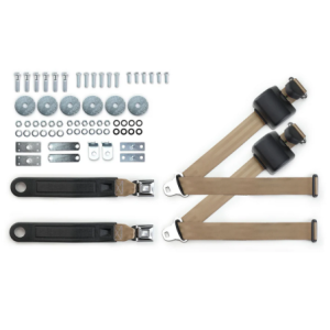 1964-75 gm 3pt 369-tan-12 belts w/pushbutton buckle & hardware kit for bucket seats (pair) RETROBELT RB-6475GMKT-TAN-BU
