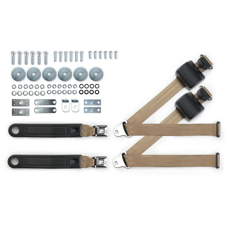 1964-75 gm 3pt 369-tan-12 belts w/pushbutton buckle & hardware kit for bucket seats (pair) RETROBELT RB-6475GMKT-TAN-BU