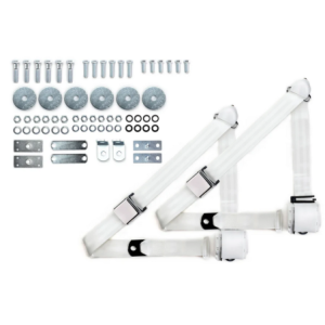 1964-75 gm 3pt 359-wht belts w/aviation buckle & hardware kit (pair) RETROBELT RB-6475GMKT-WHT