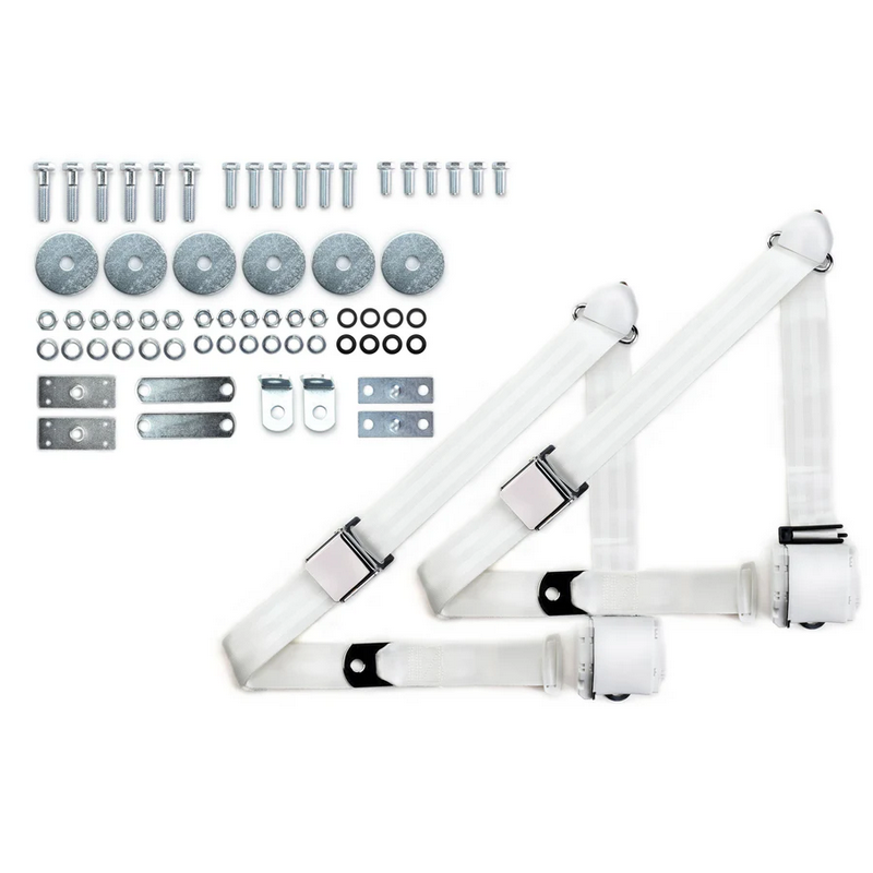 1964-75 gm 3pt 359-wht belts w/aviation buckle & hardware kit (pair) RETROBELT RB-6475GMKT-WHT