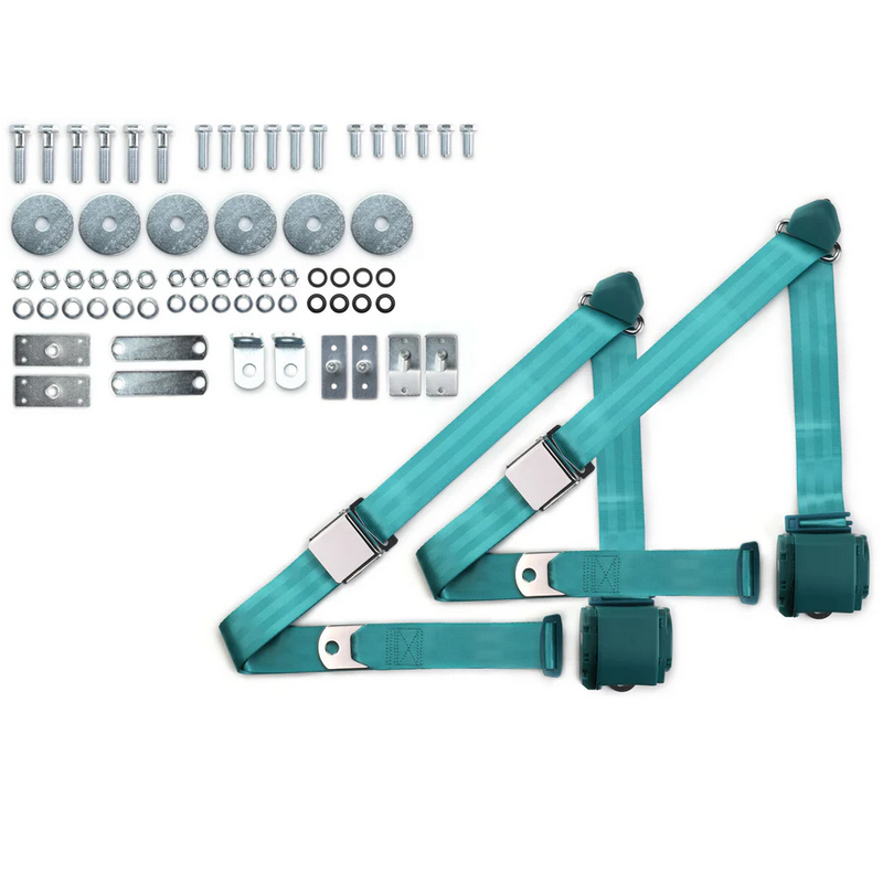 1965-73 mustang 3pt 359-trq belts w/aviation buckle & 331 hardware kit (pair) RETROBELT RB-6573MUSTKT-AQA