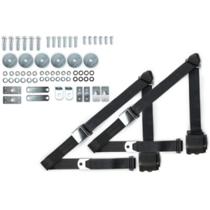 1965-73 mustang 3pt 359-blk belts w/aviation buckle & 331 hardware kit (pair) RETROBELT RB-6573MUSTKT-BLK