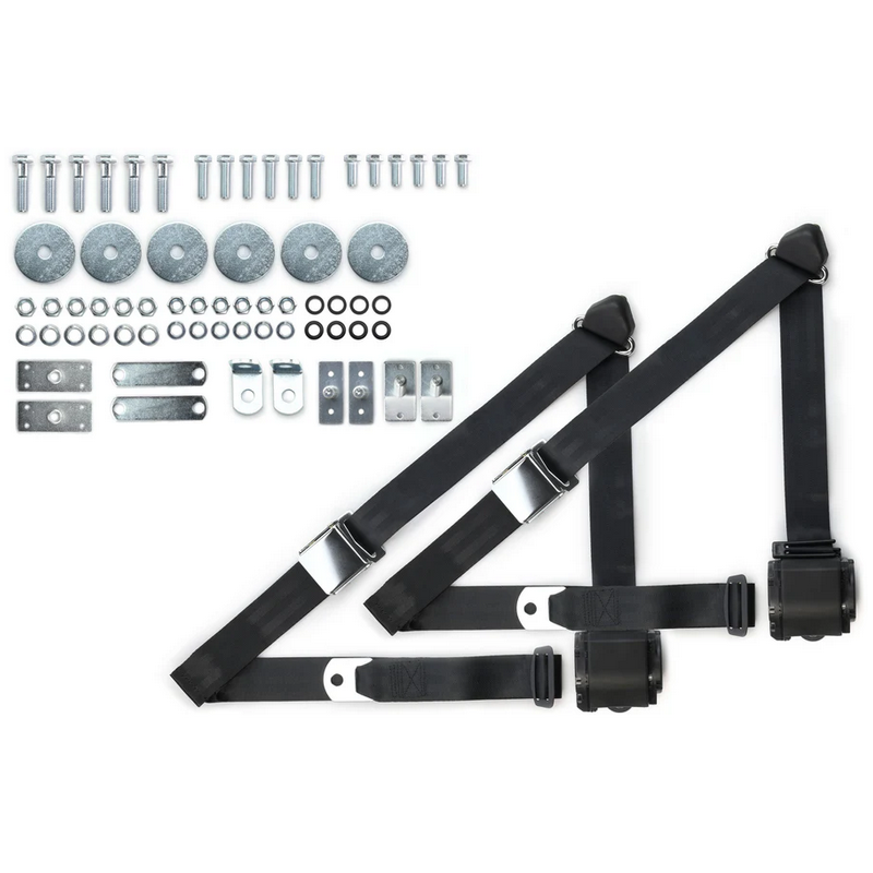 1965-73 mustang 3pt 359-blk belts w/aviation buckle & 331 hardware kit (pair) RETROBELT RB-6573MUSTKT-BLK