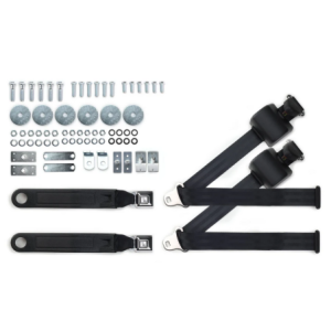 1965-73 mustang 3pt 369-blk-12 belts w/pushbutton buckle & 331 hardware kit for bucket seats (pair) RETROBELT RB-6573MUSTKT-BLK