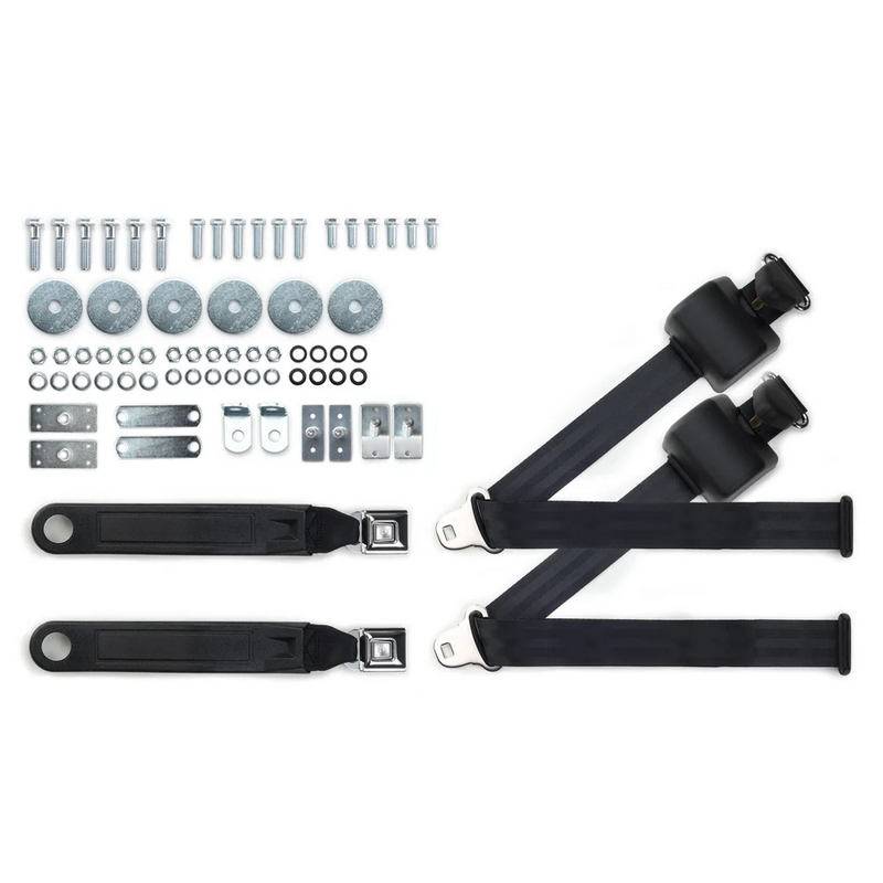1965-73 mustang 3pt 369-blk-12 belts w/pushbutton buckle & 331 hardware kit for bucket seats (pair) RETROBELT RB-6573MUSTKT-BLK