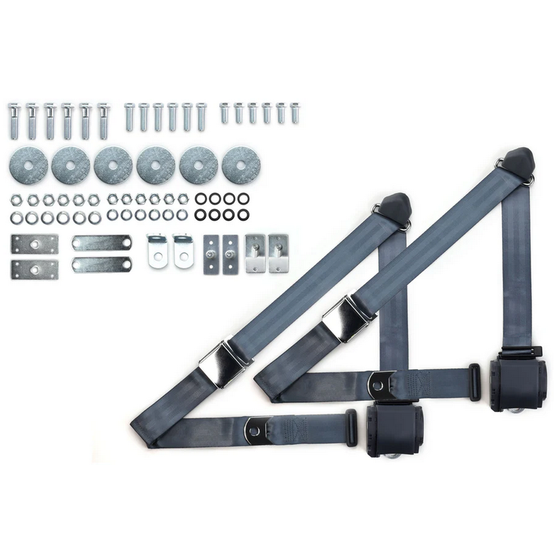 1965-73 mustang 3pt 359-blu belts w/aviation buckle & 331 hardware kit (pair) RETROBELT RB-6573MUSTKT-BLU