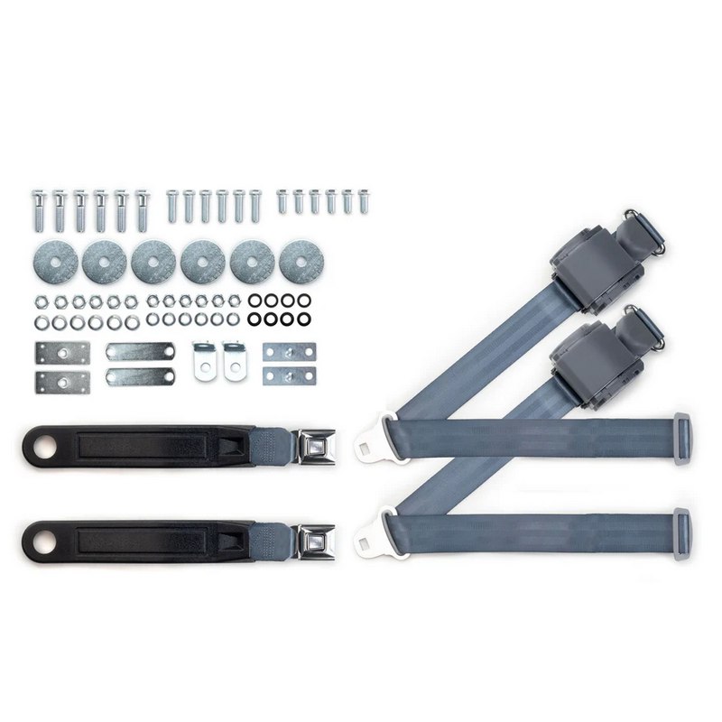 1965-73 mustang 3pt 369-blu-12 belts w/pushbutton & 331 hardware kit for bucket seats (pair) RETROBELT RB-6573MUSTKT-BLU-BU