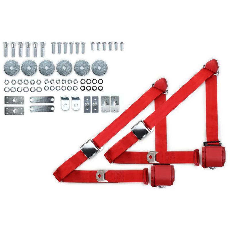1965-73 mustang 3pt 359-brd belts w/aviation buckle & 331 hardware kit (pair) RETROBELT RB-6573MUSTKT-BRD