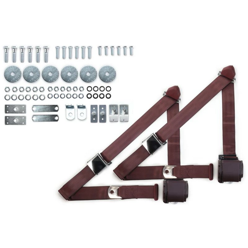 1965-73 mustang 3pt 359-brg belts w/aviation buckle & 331 hardware kit (pair) RETROBELT RB-6573MUSTKT-BRG
